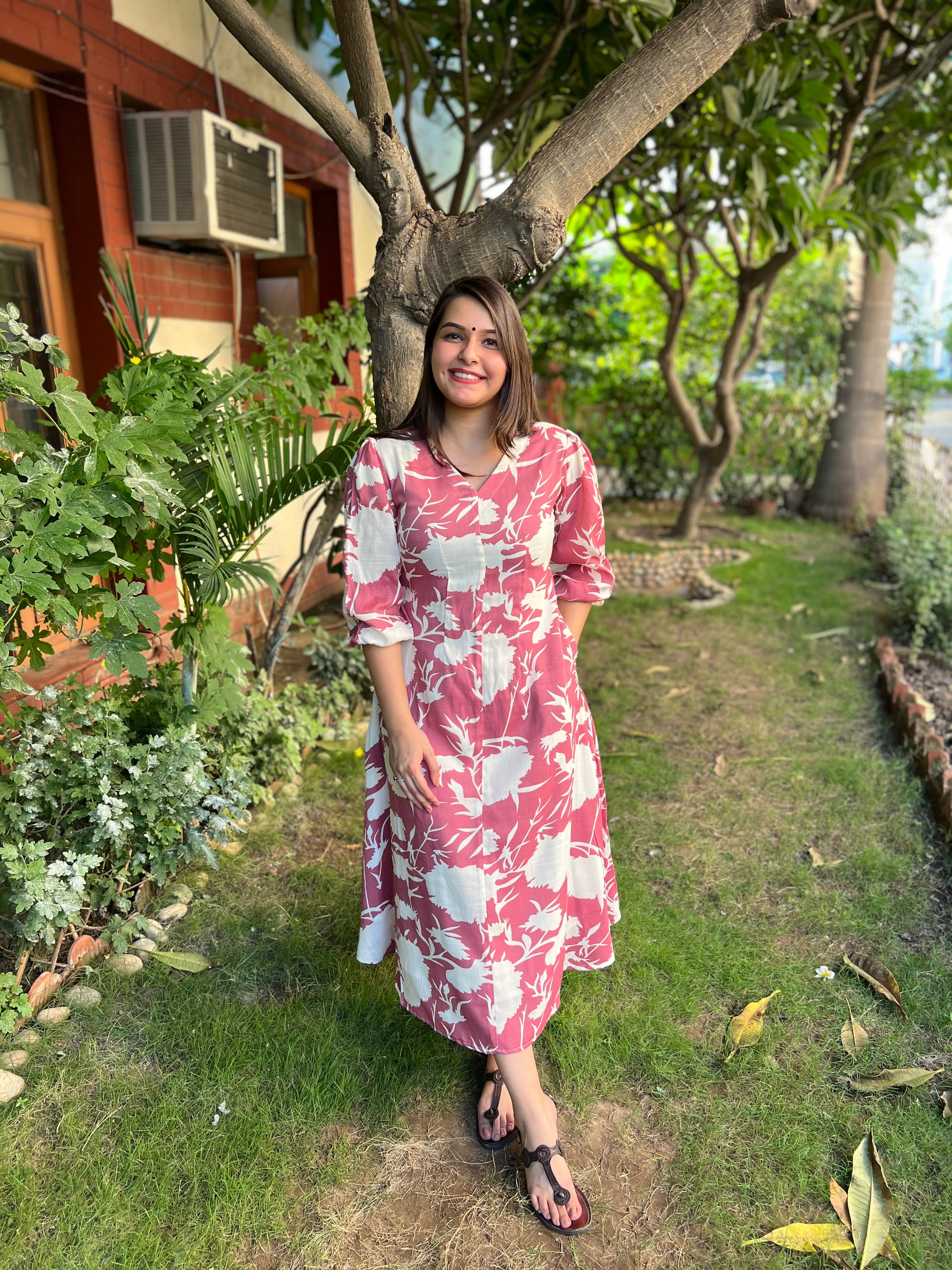 Pink White floral dress - MYSANSKRITAM