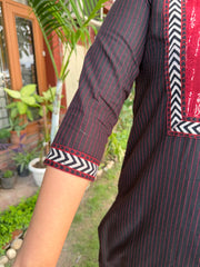 Black kantha ajrakh yoke kurta