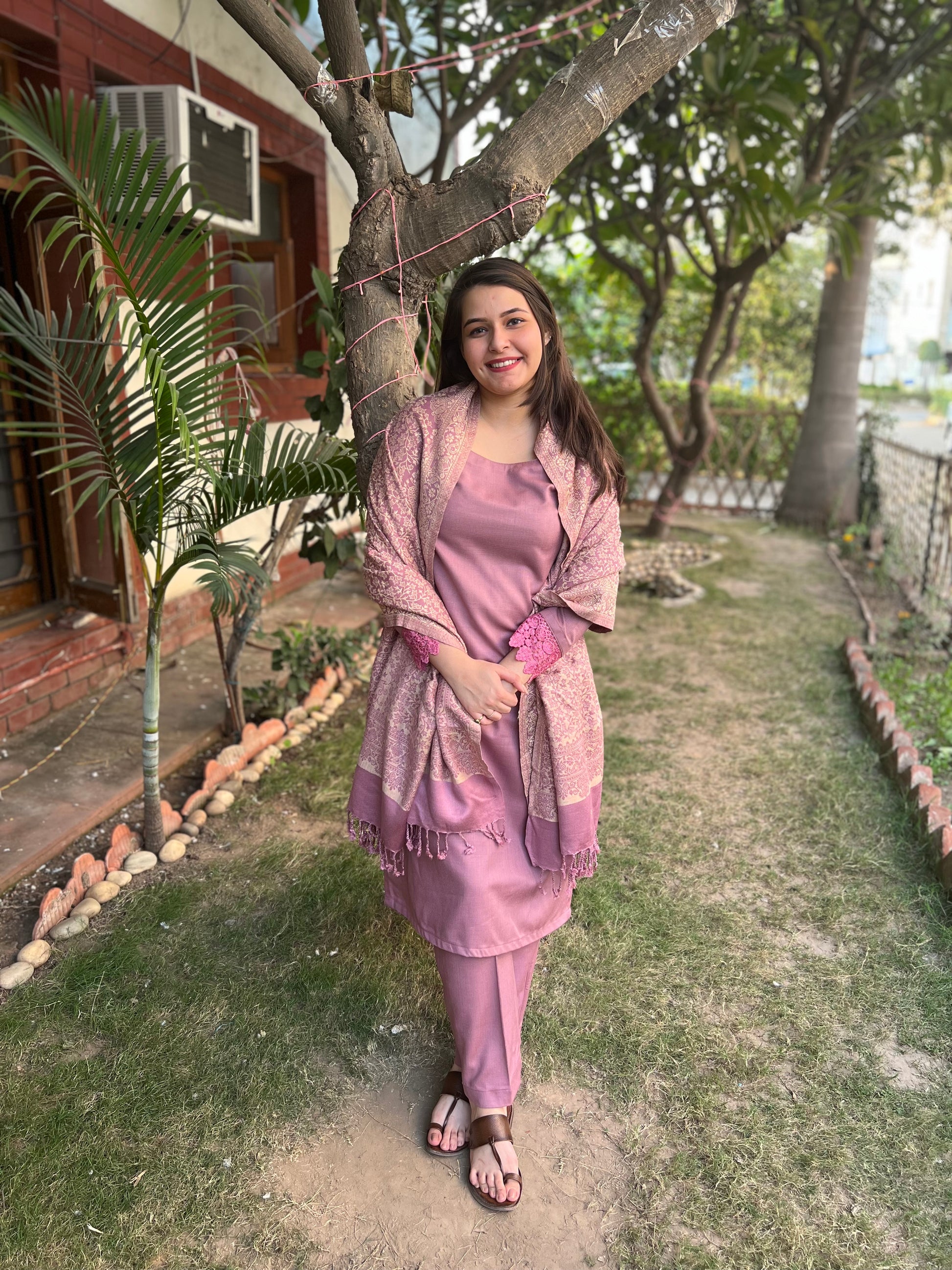 Onion Pink Woollen suit set with Shawl - MYSANSKRITAM