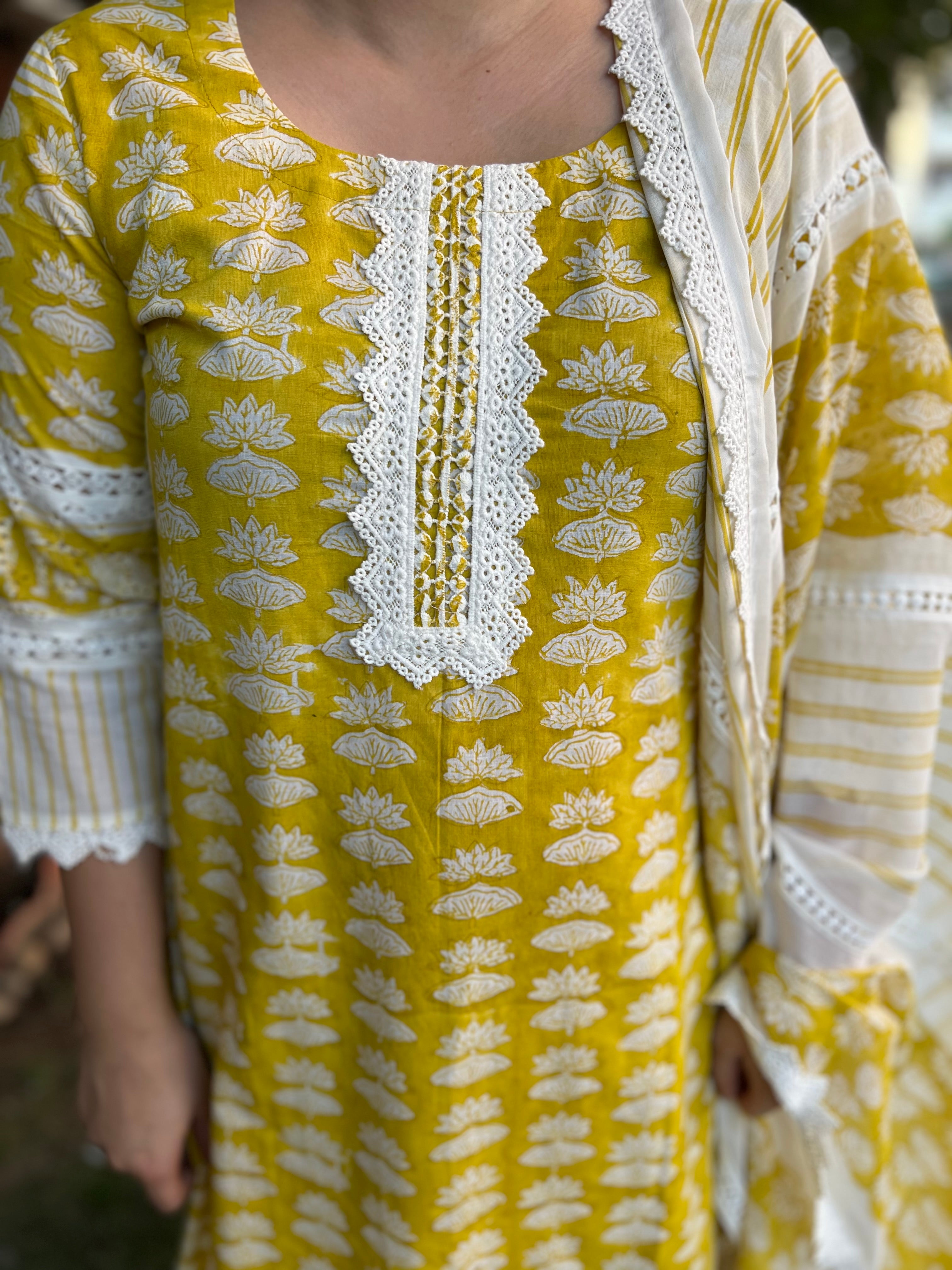 Mustard Lacework printed full suit set - MYSANSKRITAM