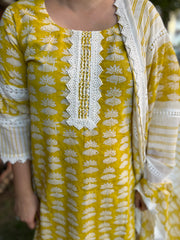 Mustard Lacework printed full suit set - MYSANSKRITAM