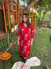 Bright Red Peacock Modal kurta - MYSANSKRITAM