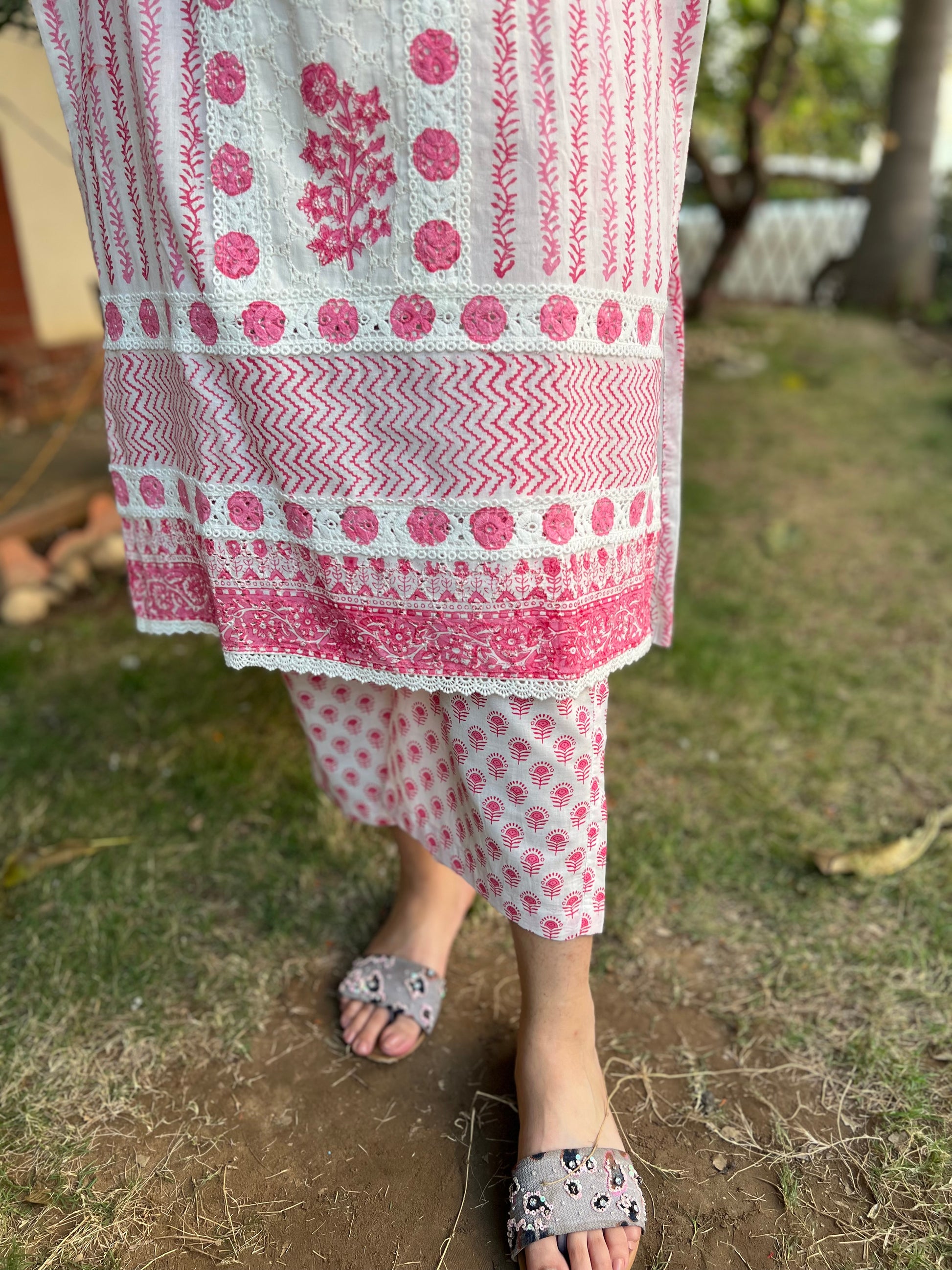 Pink Chikan Handblock printed full suit set - MYSANSKRITAM