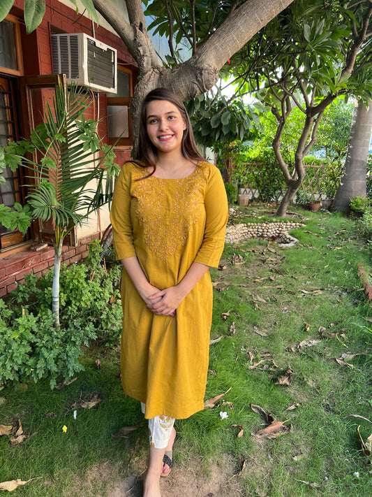 Mustard Thread embroidered kurta - MYSANSKRITAM