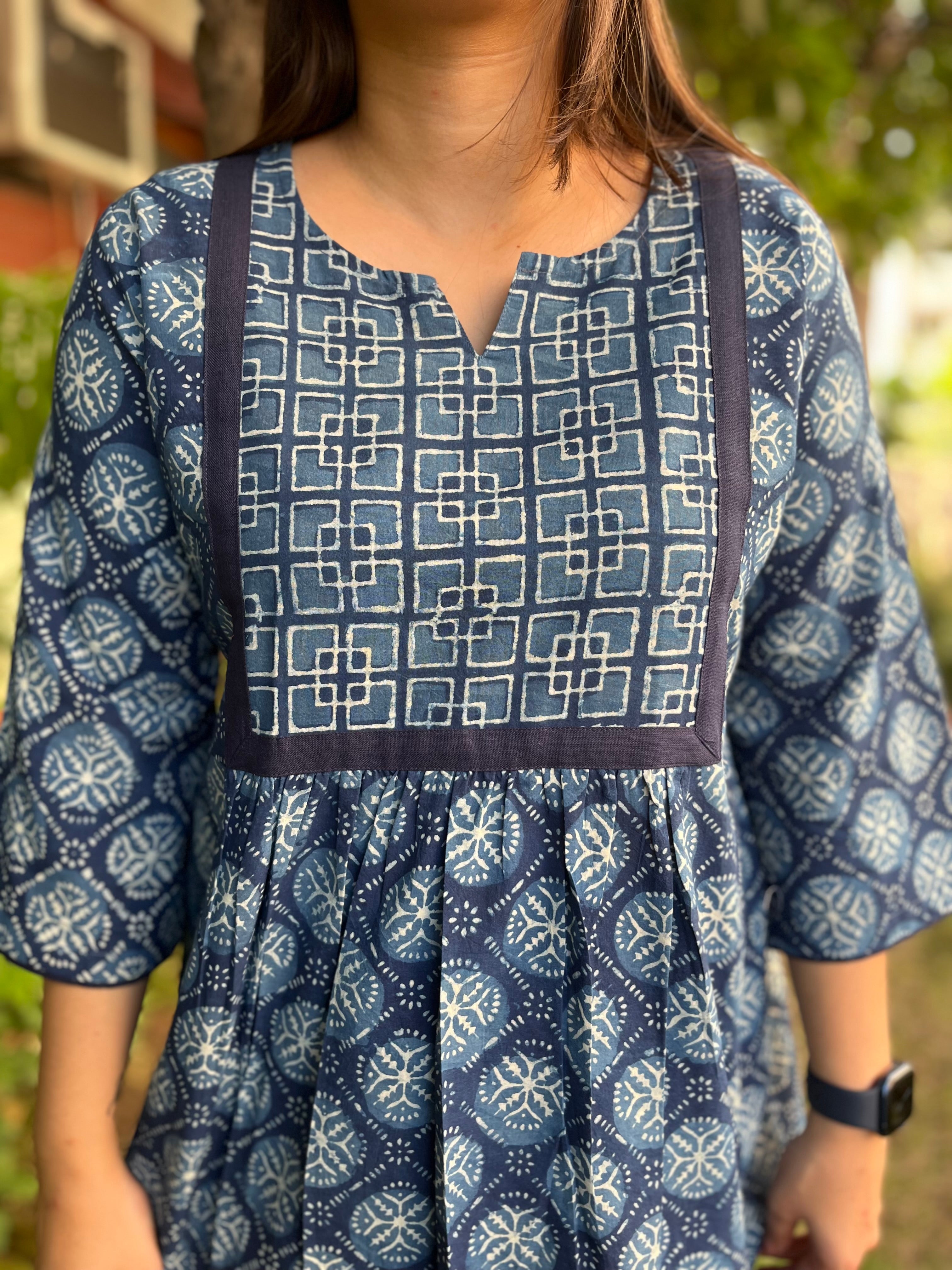 Indigo Geometric gather kurti - MYSANSKRITAM