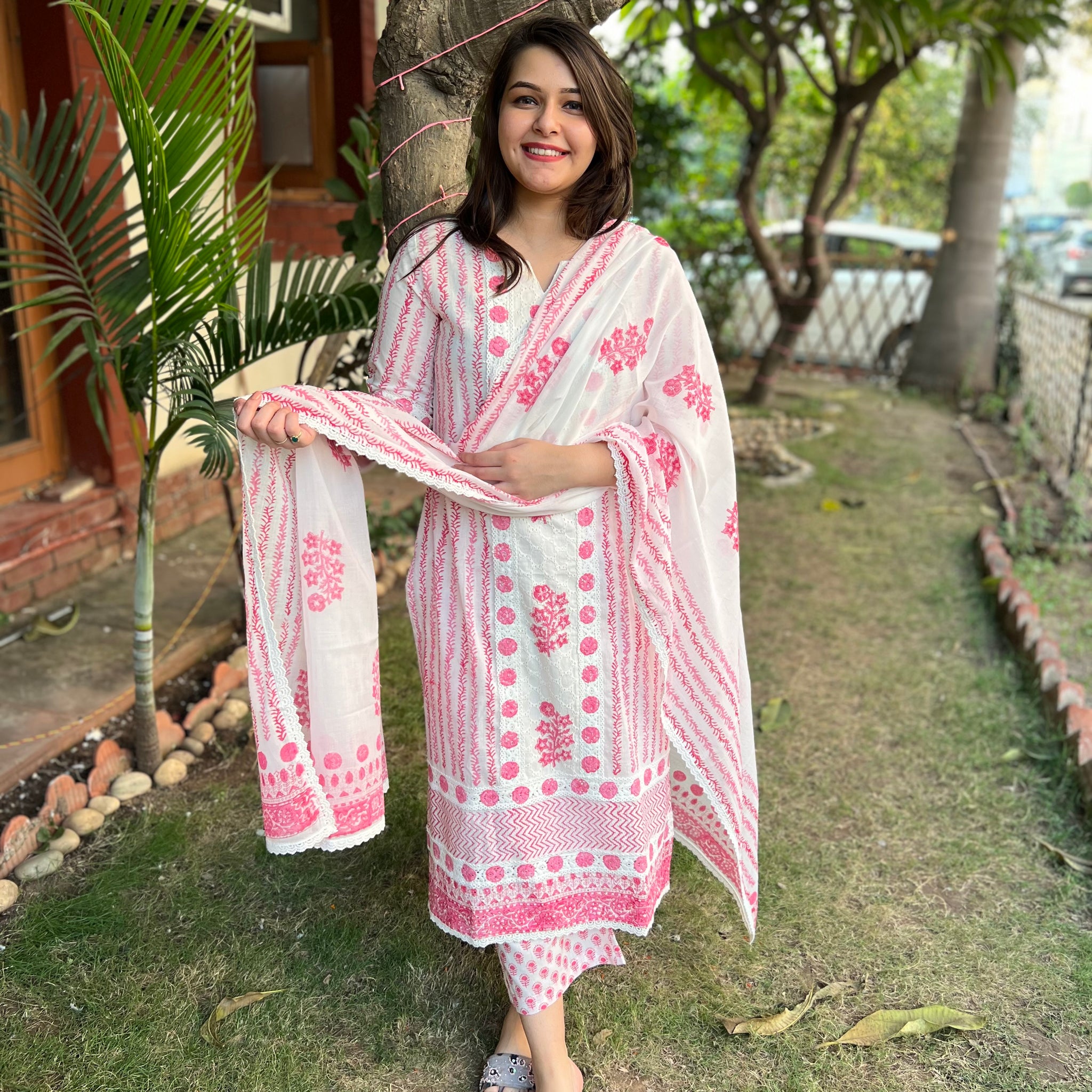 Pink Chikan Handblock printed full suit set - MYSANSKRITAM