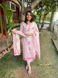 Pink Chikan Handblock printed full suit set - MYSANSKRITAM