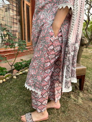 Grey floral Handblock printed full suit set