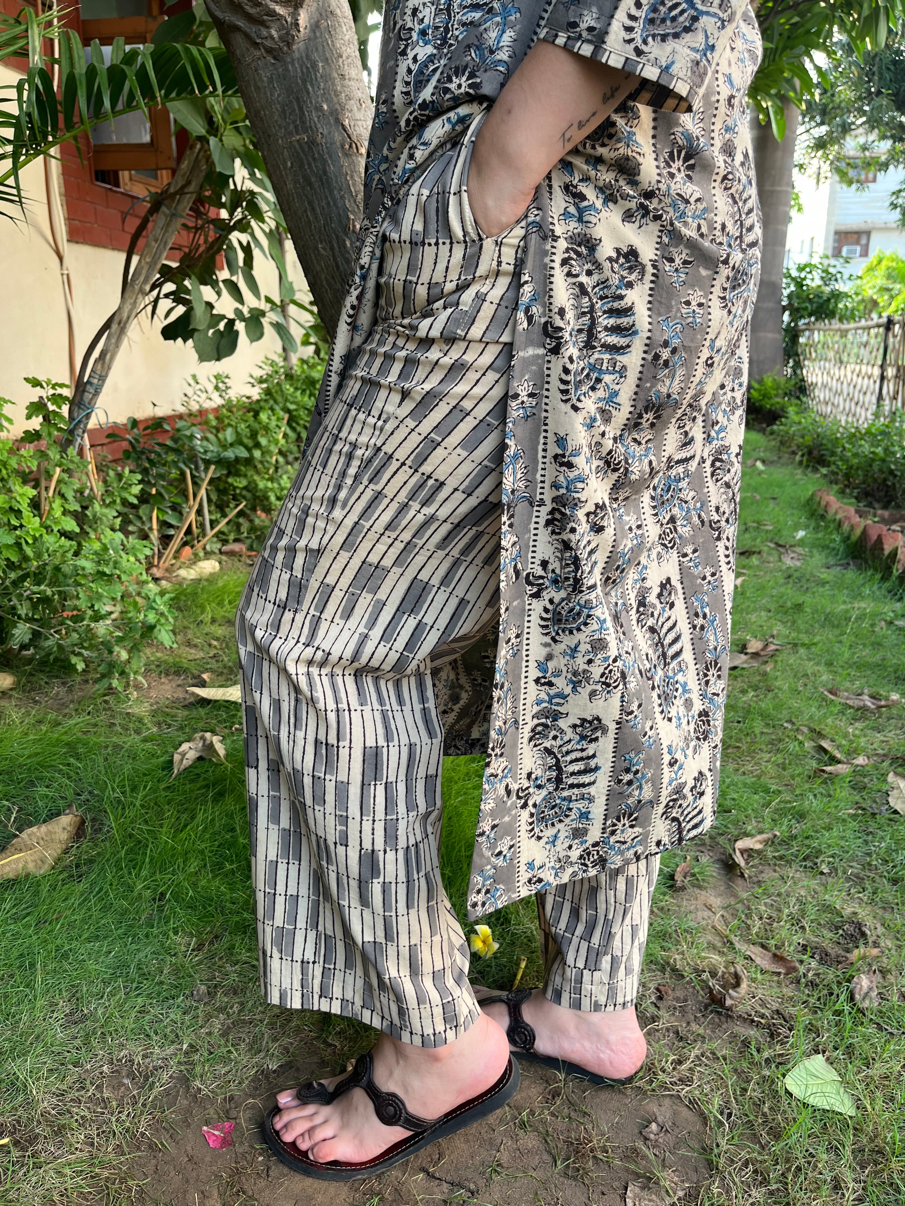 Grey Geometric Kalamkari Palazzo - MYSANSKRITAM