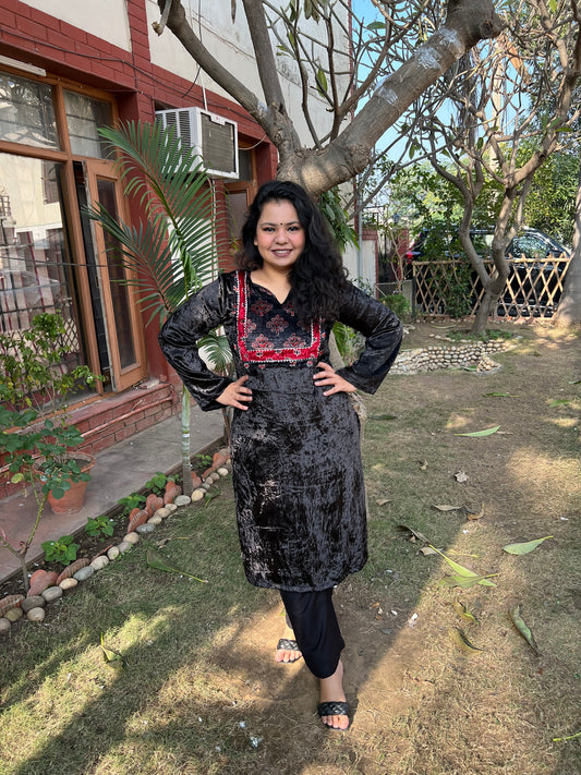 Black ajrakh velvet yoke kurta