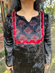 Black ajrakh velvet yoke kurta