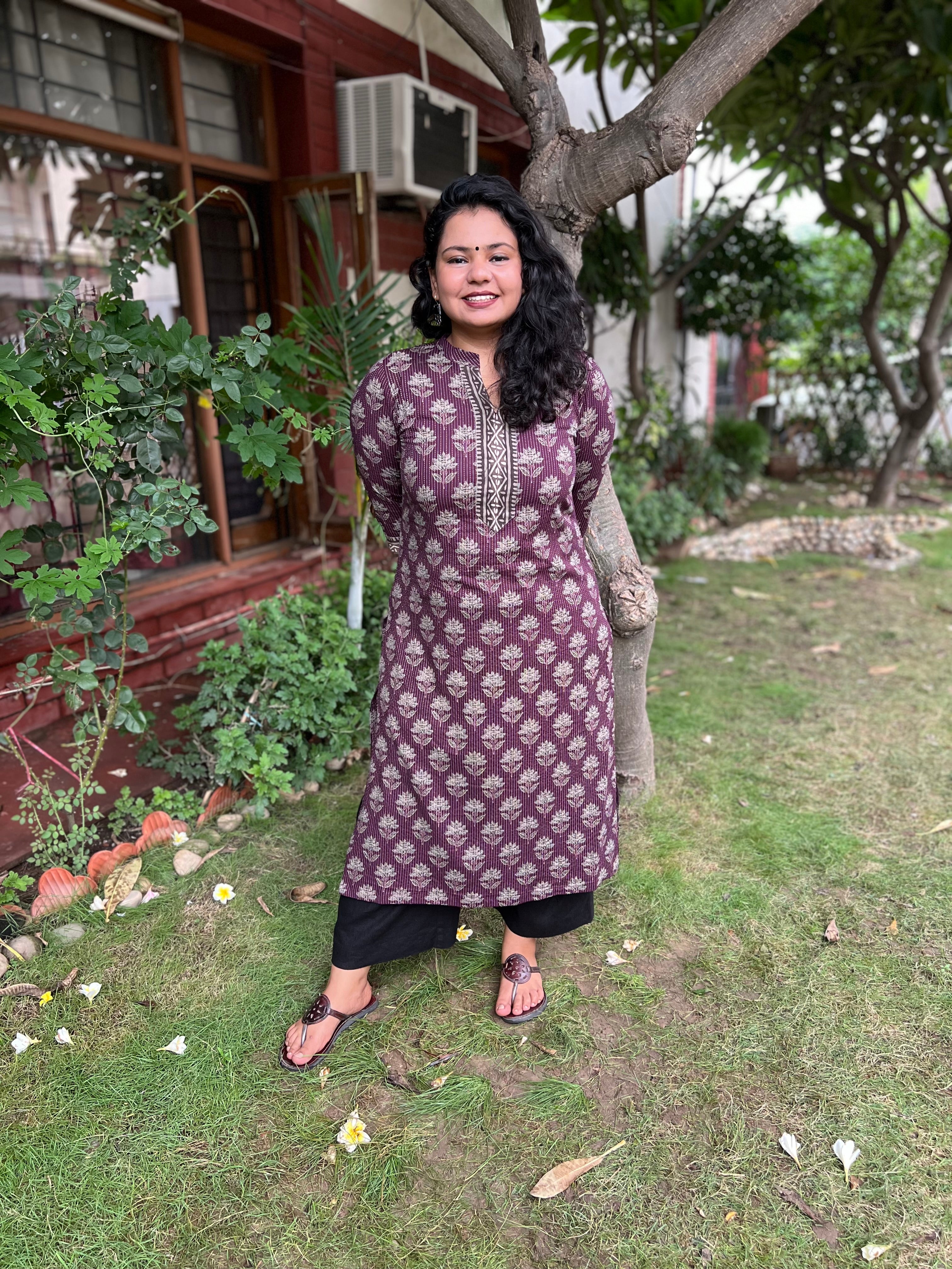 Wine Ban neck Kantha kurta - MYSANSKRITAM