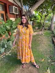 Yellow abstract Floral dress - MYSANSKRITAM