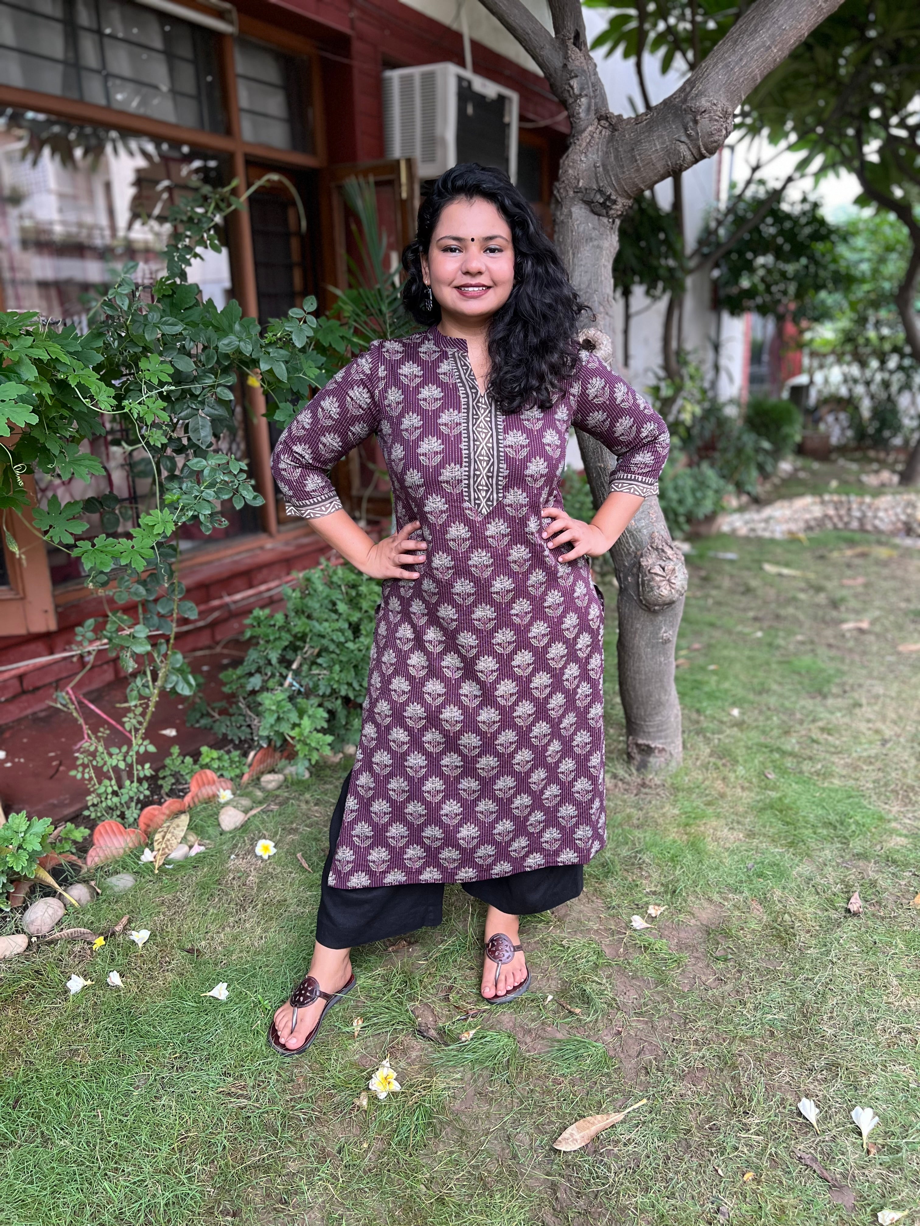 Wine Ban neck Kantha kurta - MYSANSKRITAM