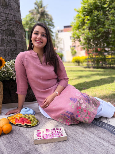 Pink floral embroidered linen kurta