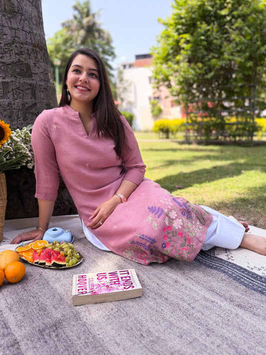 Pink floral embroidered linen kurta