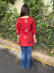 Red V-neck Handblock Leaf Short Kurti