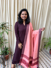 Wine Woollen kurta with shawl