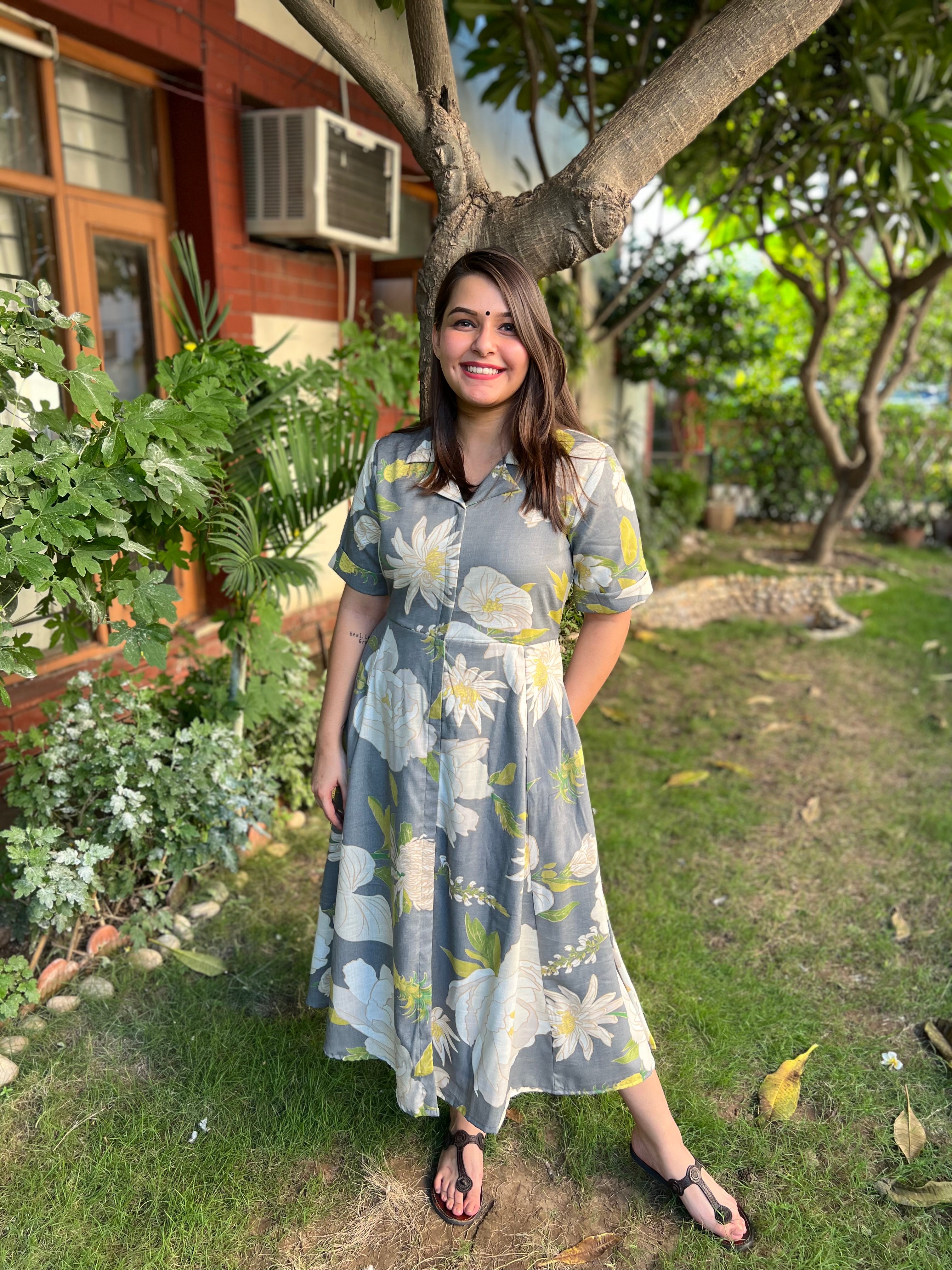 Grey Floral dress with collar - MYSANSKRITAM