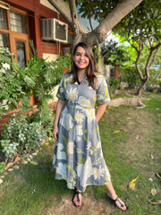 Grey Floral dress with collar - MYSANSKRITAM