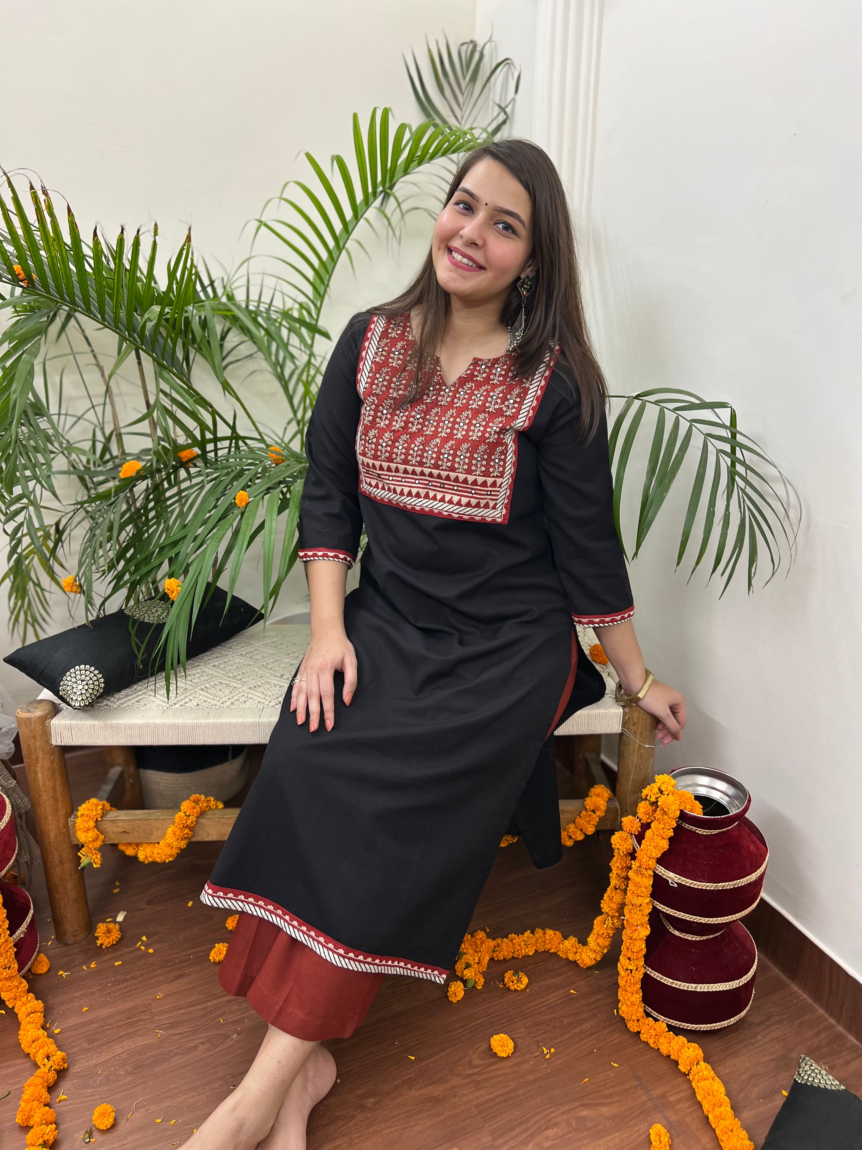 Black embroidered yoke Long kurta - MYSANSKRITAM