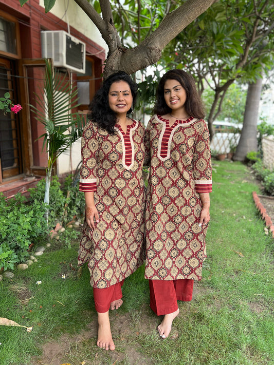 Brick red cream ajrakh Geometric kurta - MYSANSKRITAM