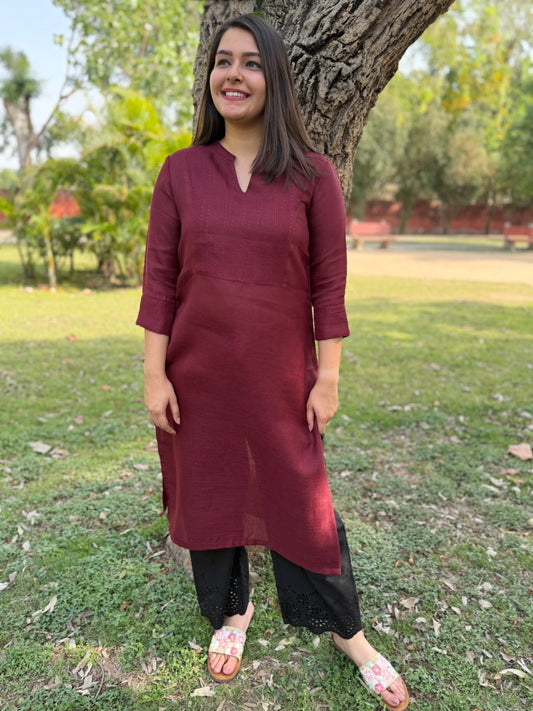 Maroon kantha yoke linen kurta