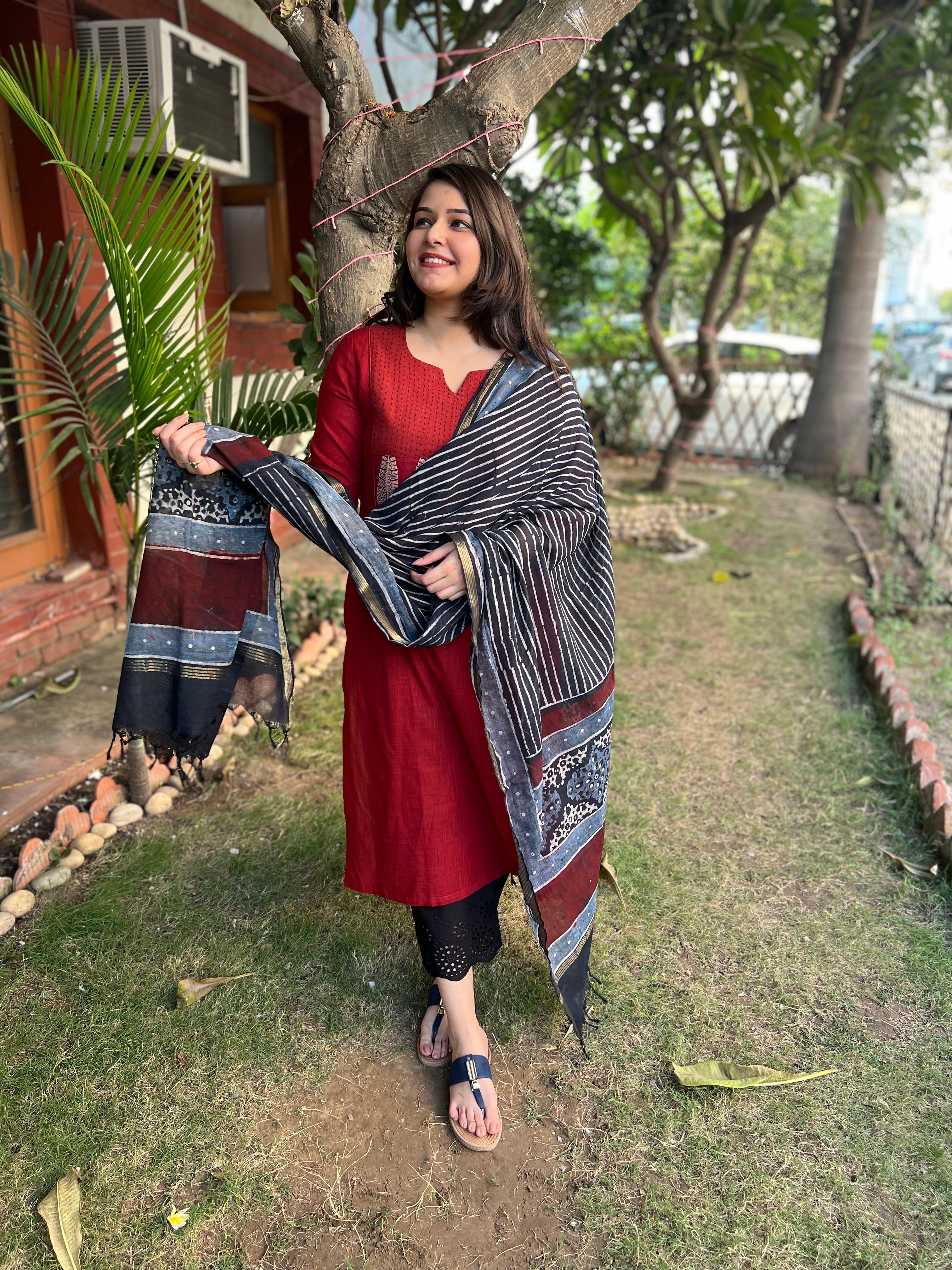 Maroon Basic Kantha Yoke Kurta duppata set - MYSANSKRITAM