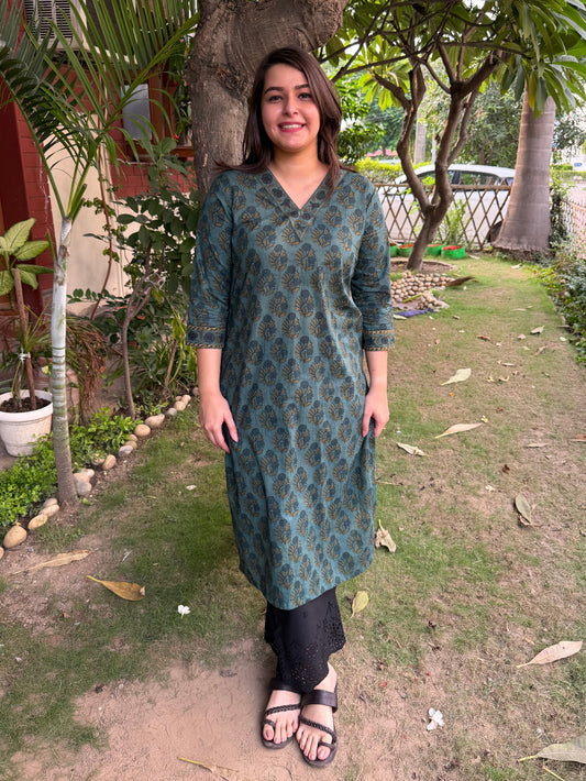 Forest Flower V Neck Kurta by Sanskritam