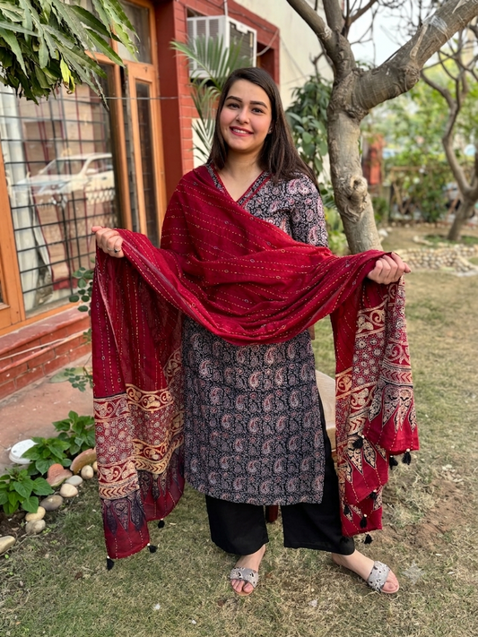 Black ambi suit set with kantha duppata