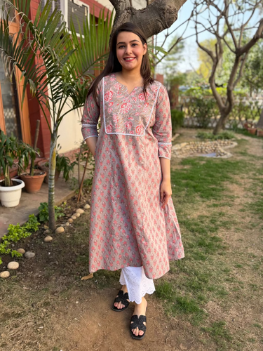 Grey Floral Yoke A-line Kurta