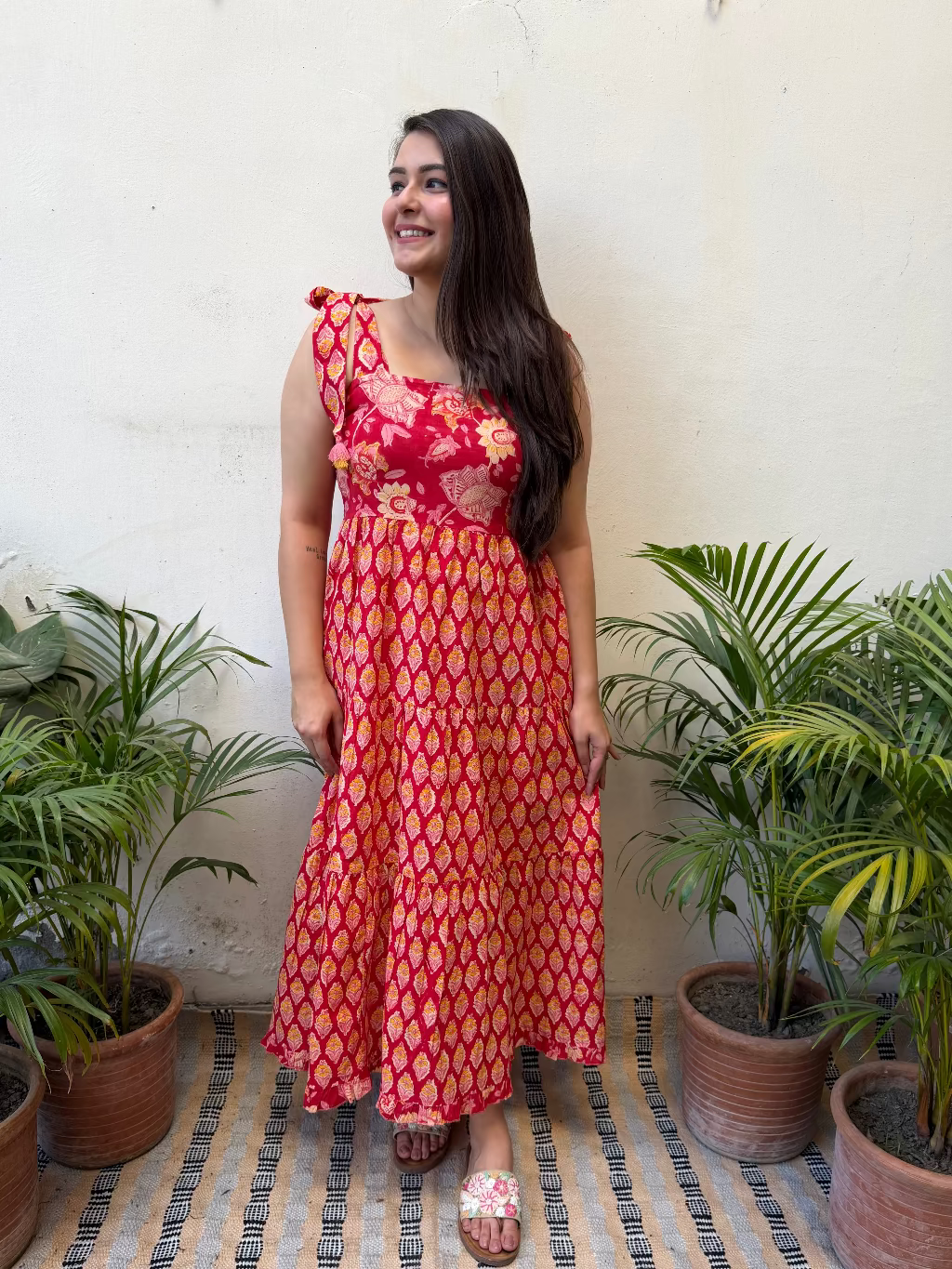 Red Floral Bow-Strap Gather Dress
