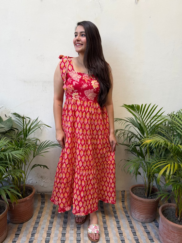 Red Floral Bow-Strap Gather Dress