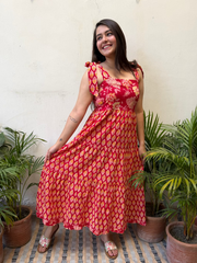 Red Floral Bow-Strap Gather Dress