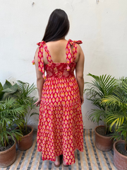 Red Floral Bow-Strap Gather Dress