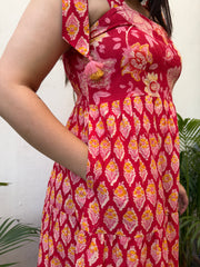 Red Floral Bow-Strap Gather Dress