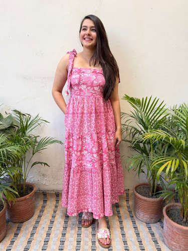Pink Floral Bow-Strap Gather Dress