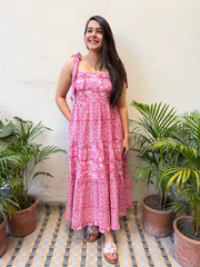 Pink Floral Bow-Strap Gather Dress