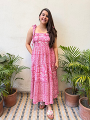 Pink Floral Bow-Strap Gather Dress