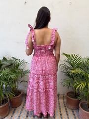 Pink Floral Bow-Strap Gather Dress
