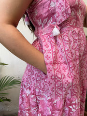 Pink Floral Bow-Strap Gather Dress