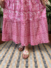 Pink Floral Bow-Strap Gather Dress