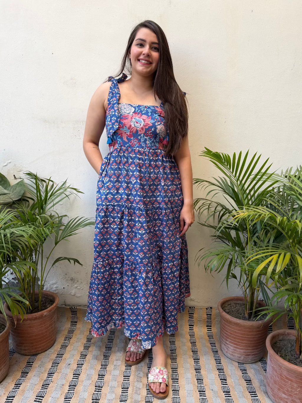 Navy Blue Floral Bow-Strap Gather Dress