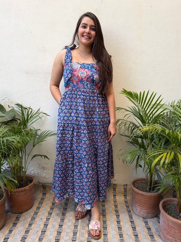 Navy Blue Floral Bow-Strap Gather Dress