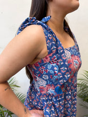 Navy Blue Floral Bow-Strap Gather Dress