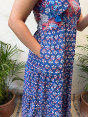 Navy Blue Floral Bow-Strap Gather Dress