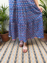 Navy Blue Floral Bow-Strap Gather Dress