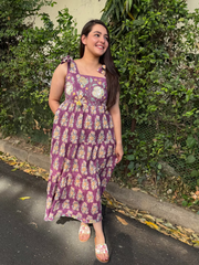 Onion Pink Floral Bow-Strap Gather Dress
