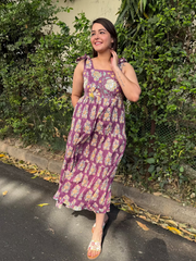 Onion Pink Floral Bow-Strap Gather Dress