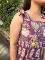 Onion Pink Floral Bow-Strap Gather Dress